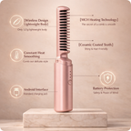 Hair straightening comb with features highlighted on a beige background